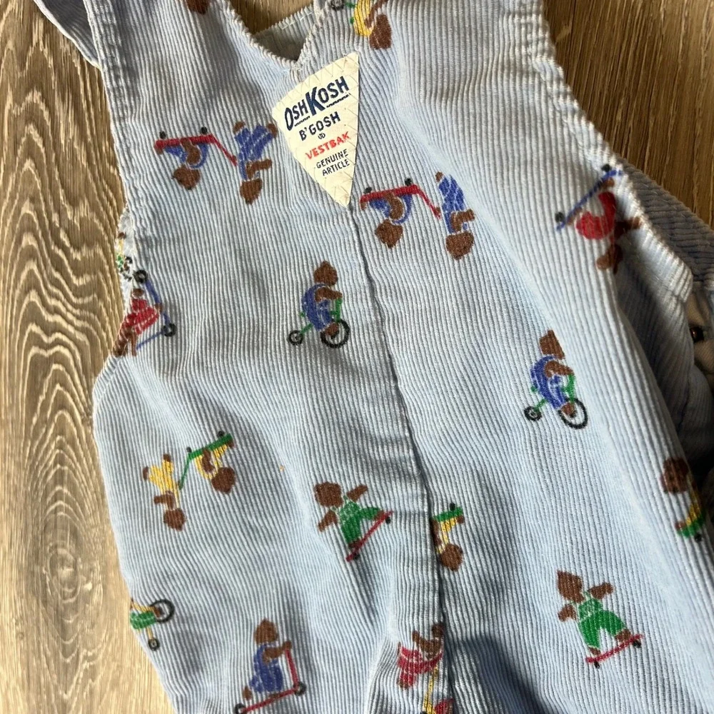 OshKosh B'gosh Overalls Baby 6/9M Blue Bear Print Corduroy Vintage USA Vestbak